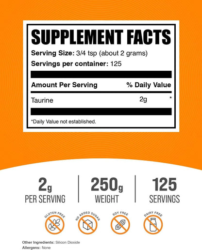 .com Taurine Powder - Unflavored Gluten-Free Amino Acid Supplement for Energy, 2G per Serving, 250G (8.8 Oz)