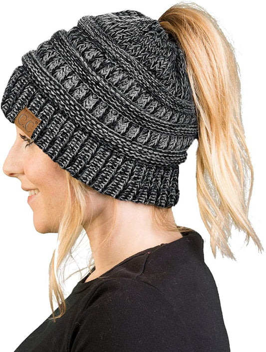 Women's Ponytail Beanie - Soft Ribbed Knit Cap for Messy Buns in Solid, Confetti, and Multi-Tone Options